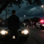 Lone figure stands near parked car with police lights flashing and worried crowd gathering on stormy Houston night