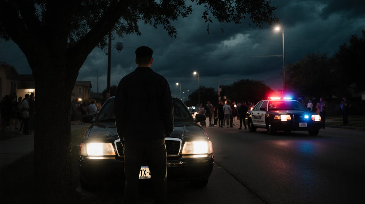 Lone figure stands near parked car with police lights flashing and worried crowd gathering on stormy Houston night
