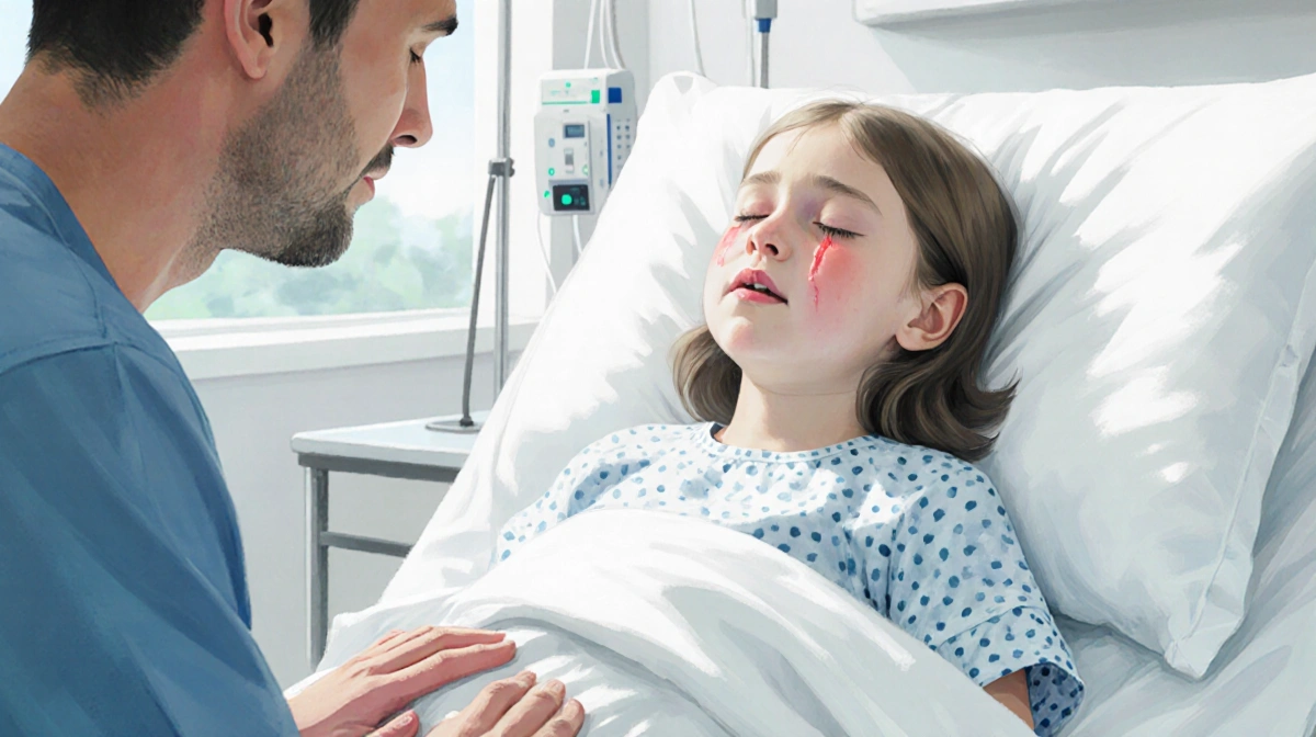 Young girl sits in hospital bed with closed eyes and tears while father's hand rests nearby