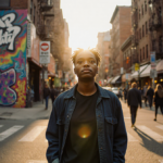 Blind person walking down Harlem street at dusk with warm golden light on face and hands in pockets looking up determined.