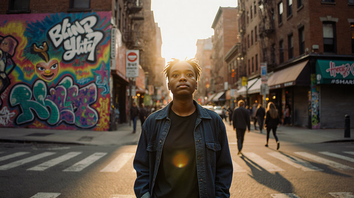 Blind person walking down Harlem street at dusk with warm golden light on face and hands in pockets looking up determined.