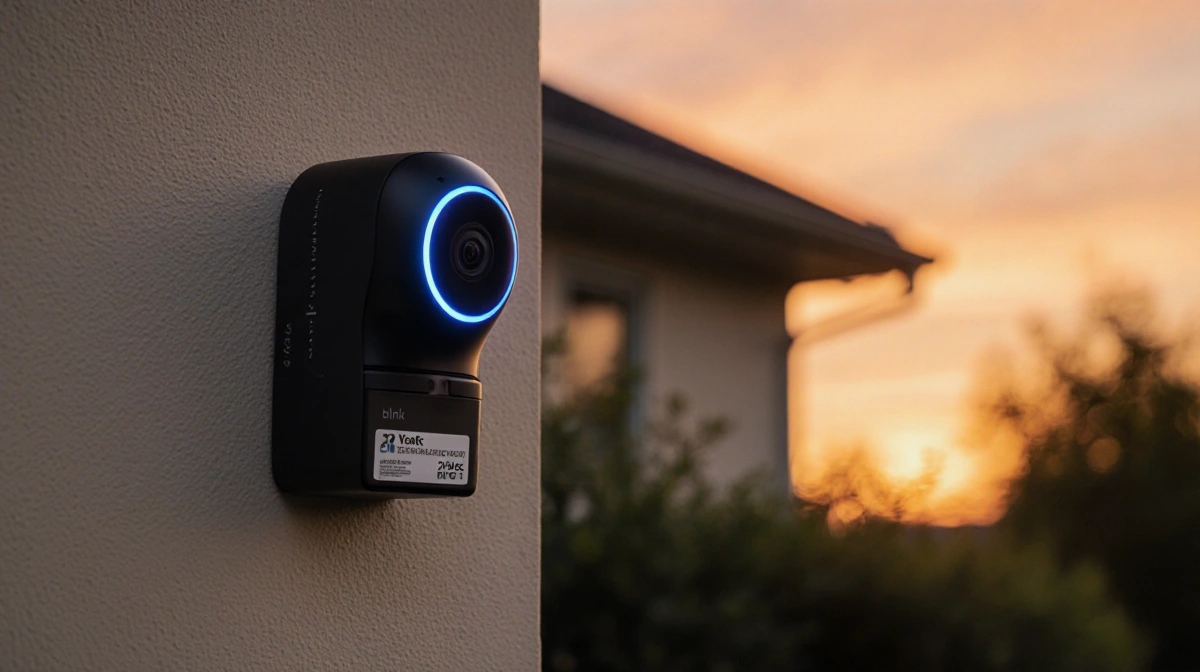 Blink security camera installed on house wall with blue LED and battery pack showing two year life
