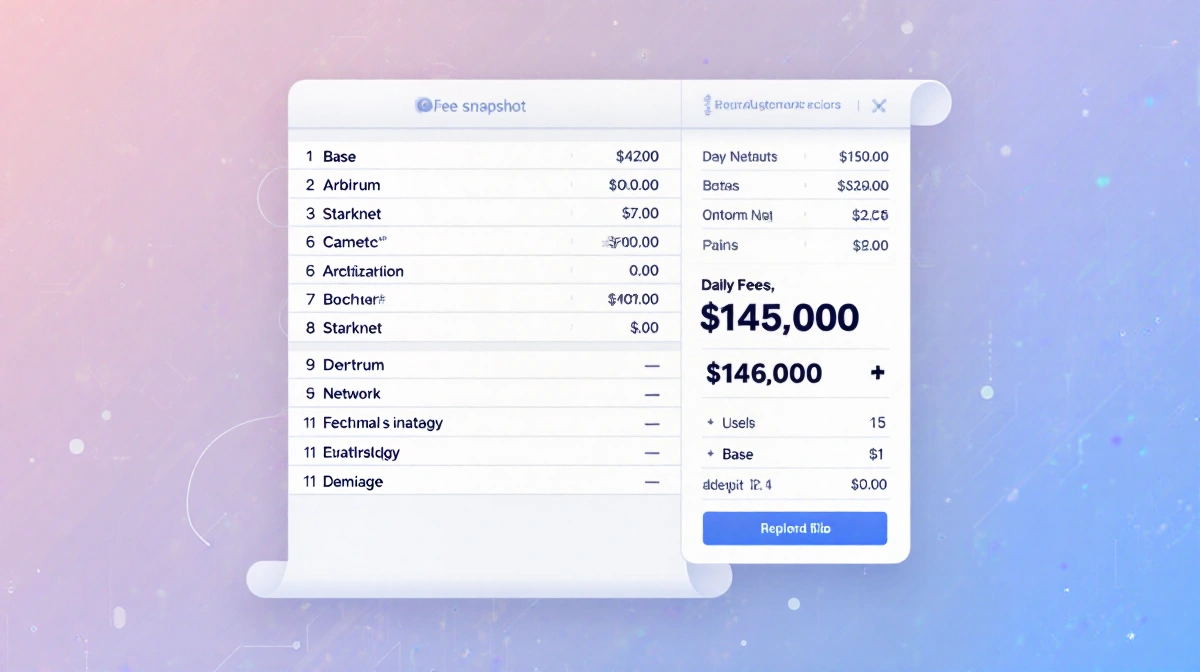 Minimalist table showing blockchain networks with Base leading at $147000 and scrolling fee data