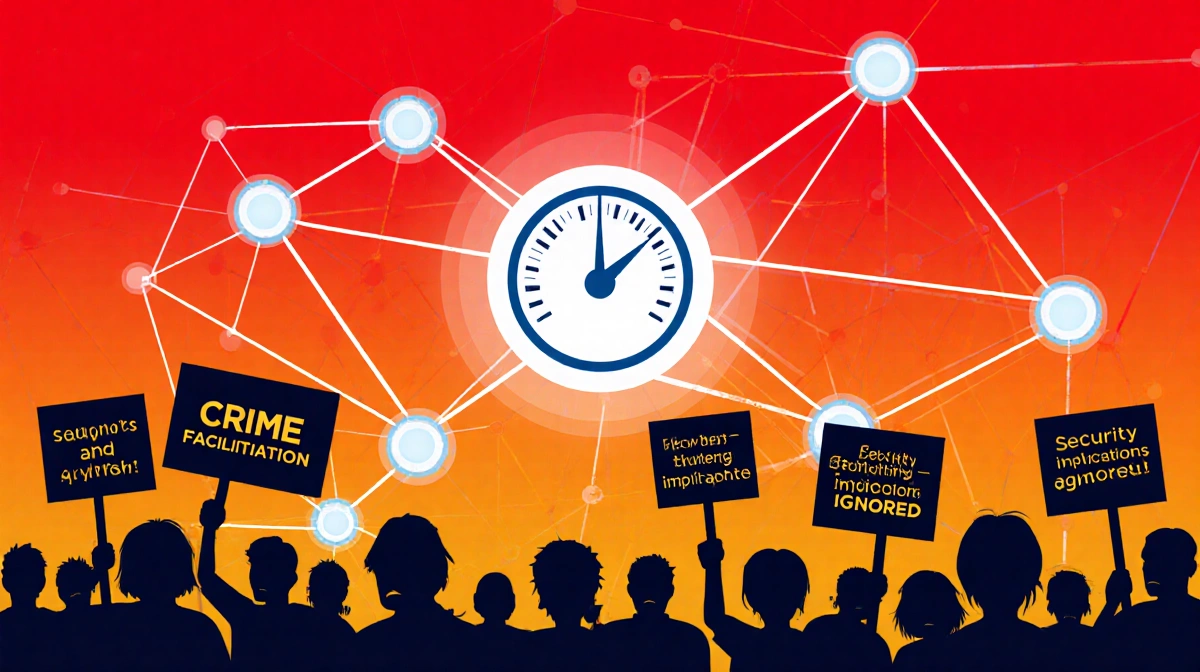 Blockchain network nodes connecting with speed gauge and angry protesters holding signs showing security concerns