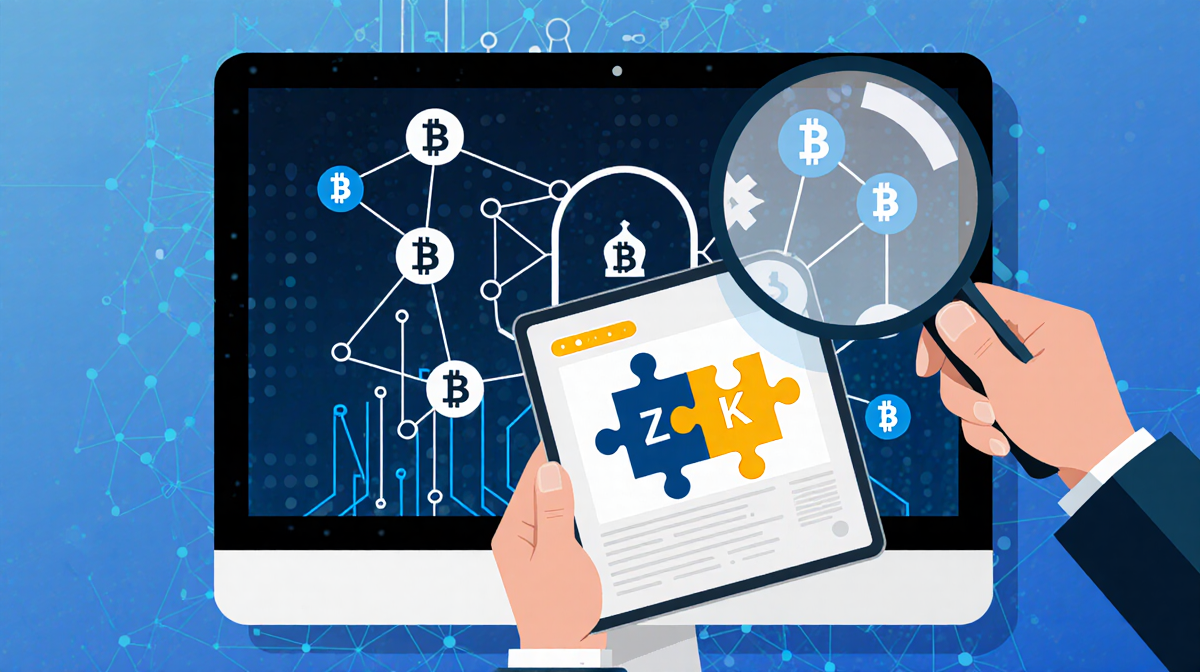 Person holding a tablet with a puzzle piece and magnifying glass with a blockchain diagram and zero-knowledge verification