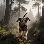 Bloodhound Coco tracking through misty mountain forest with dappled sun and towering pine trees