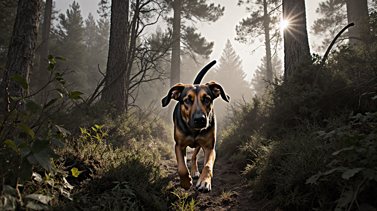 Bloodhound Coco tracking through misty mountain forest with dappled sun and towering pine trees