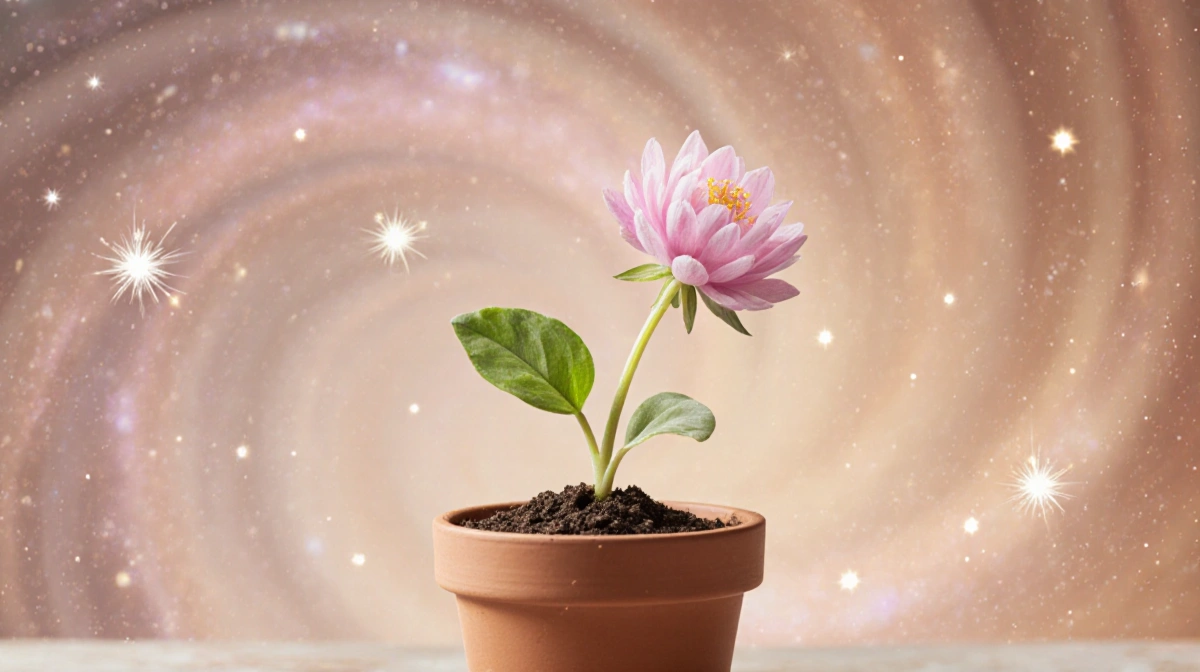 Blooming flower sprouts in small pot with cosmic swirls and twinkling stars showing horoscope growth