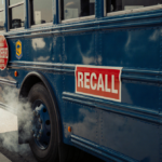 Blue Bird electric bus parked at a bus stop with a red recall sticker and a faint smoke plume from the engine in industrial