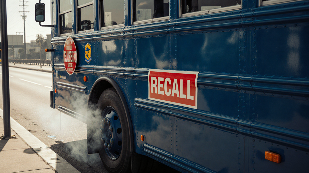 Blue Bird electric bus parked at a bus stop with a red recall sticker and a faint smoke plume from the engine in industrial