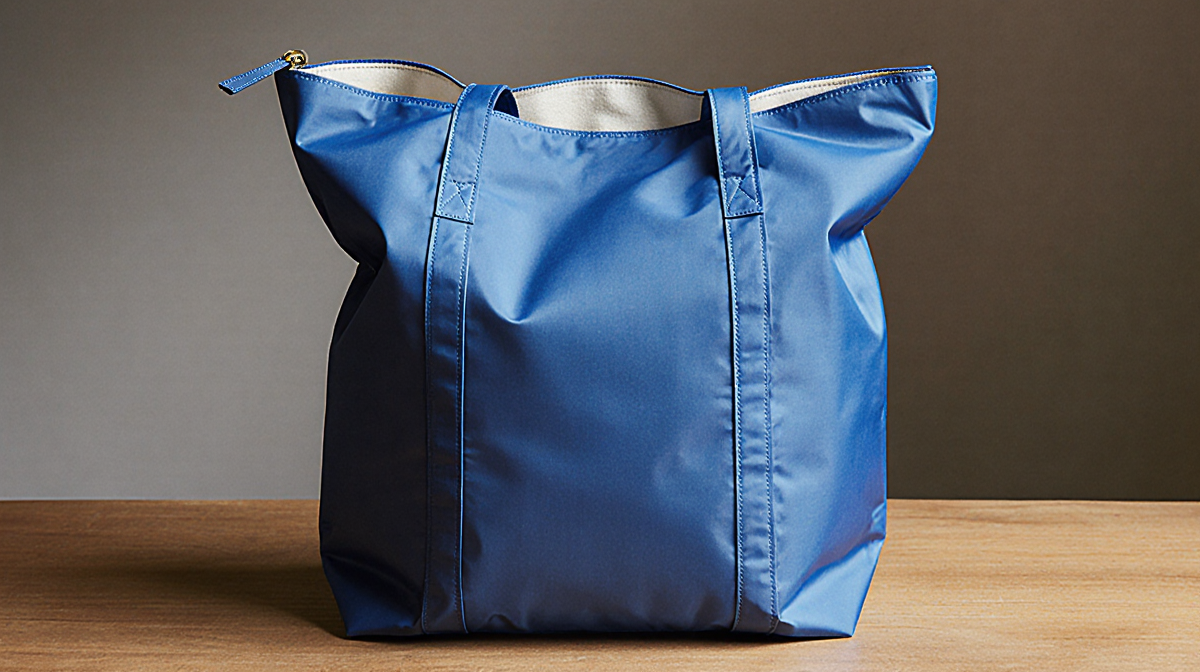 Blue tote bag with zipper opens showing cotton lining on wooden desk with soft natural light