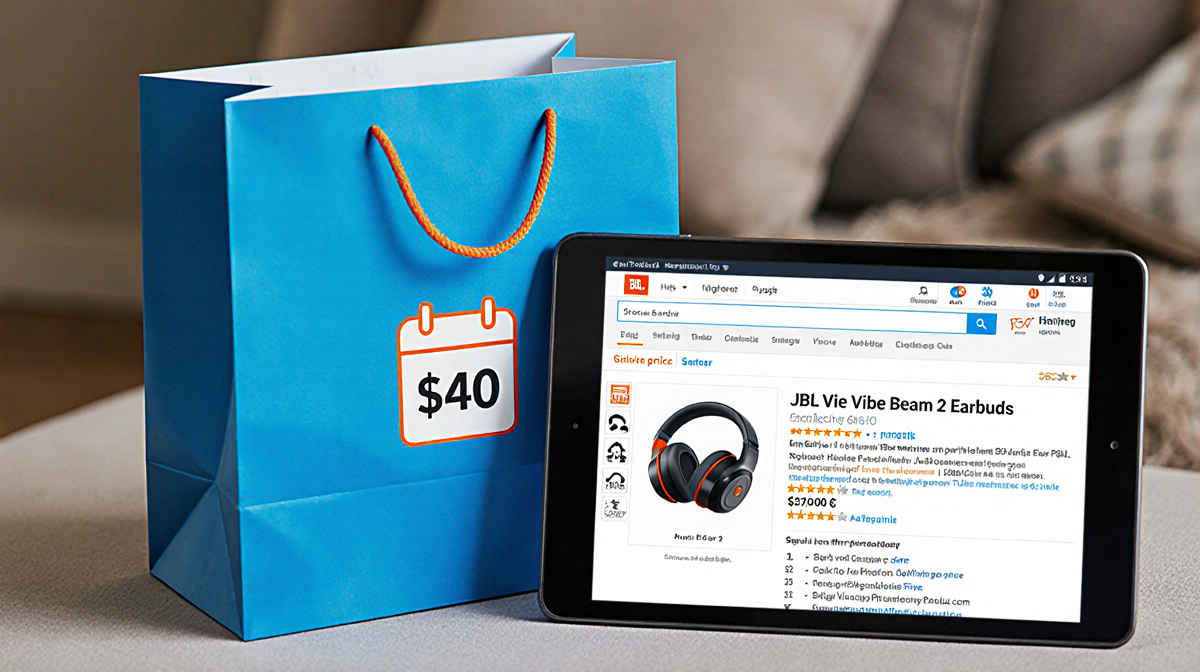 Blue shopping bag sits beside tablet showing Amazon deal with JBL earbuds at $40 and countdown timer in corner