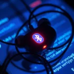 Tangled earbuds glow with eerie blue light and red Bluetooth symbol with phone showing error messages