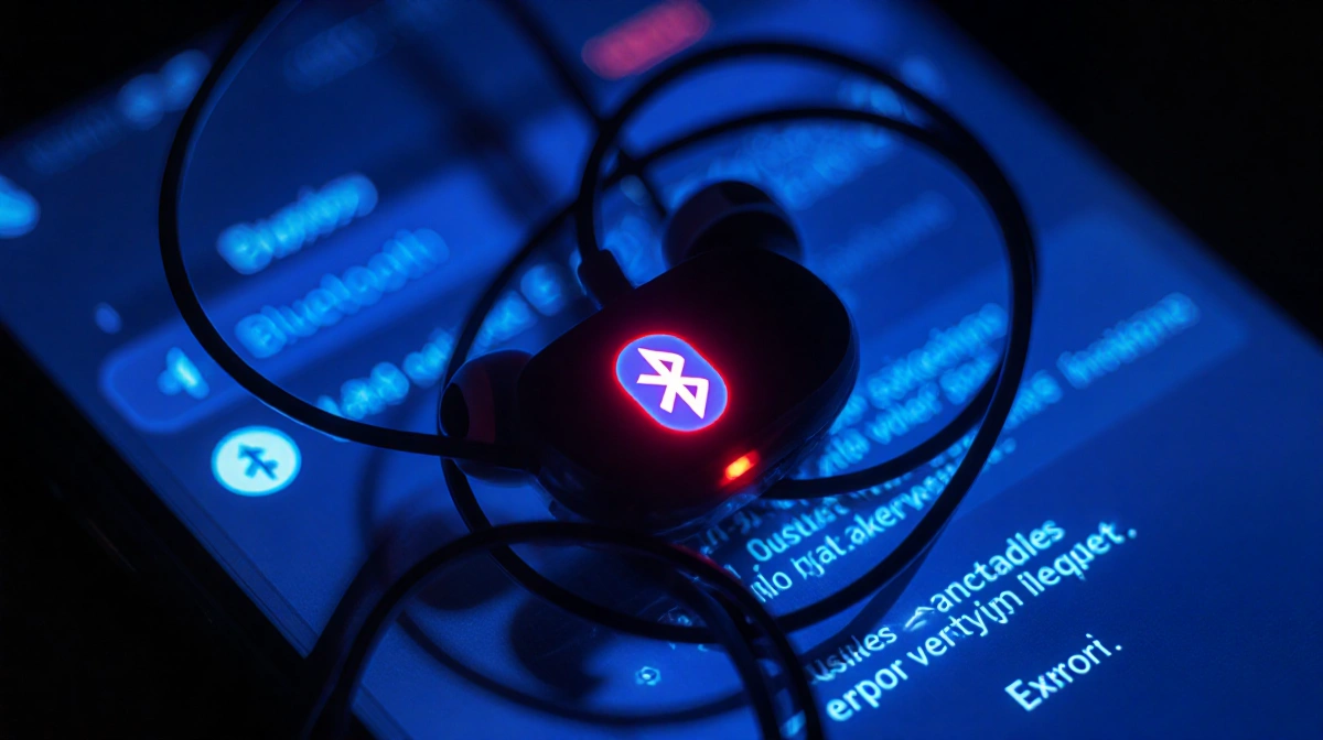 Tangled earbuds glow with eerie blue light and red Bluetooth symbol with phone showing error messages