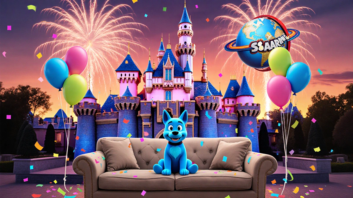 Bluey sits on a couch with Sleeping Beauty Castle at sunset and fireworks overhead
