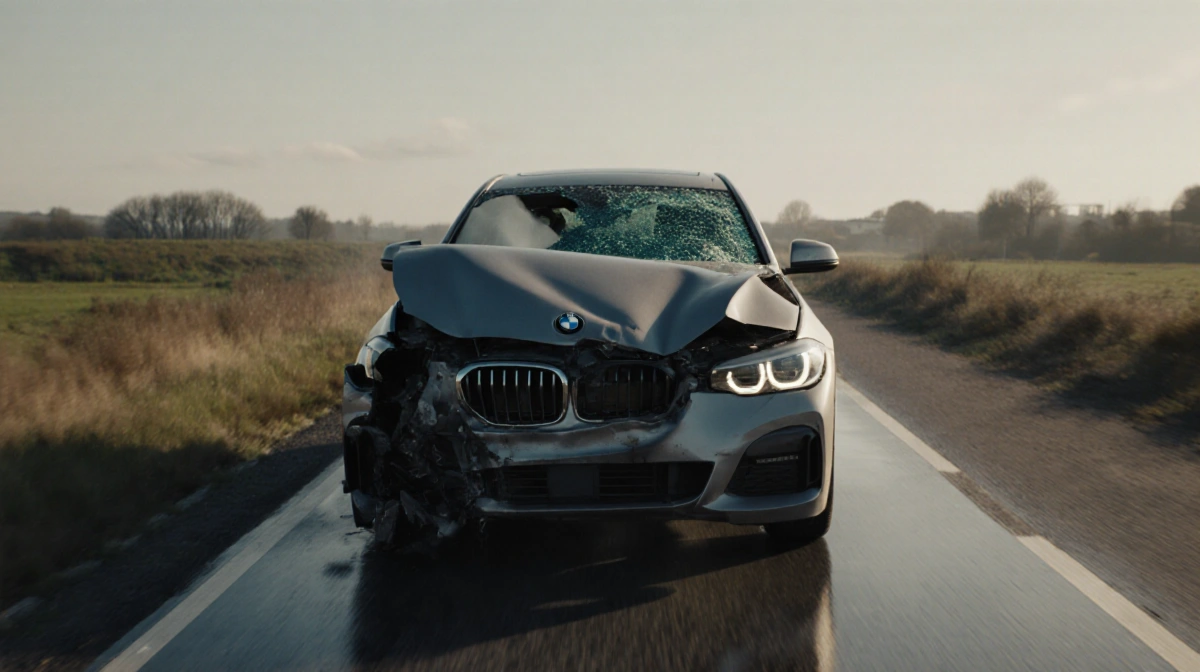 BMW crashed on roadside with deployed airbags and shattered windshield showing accident damage