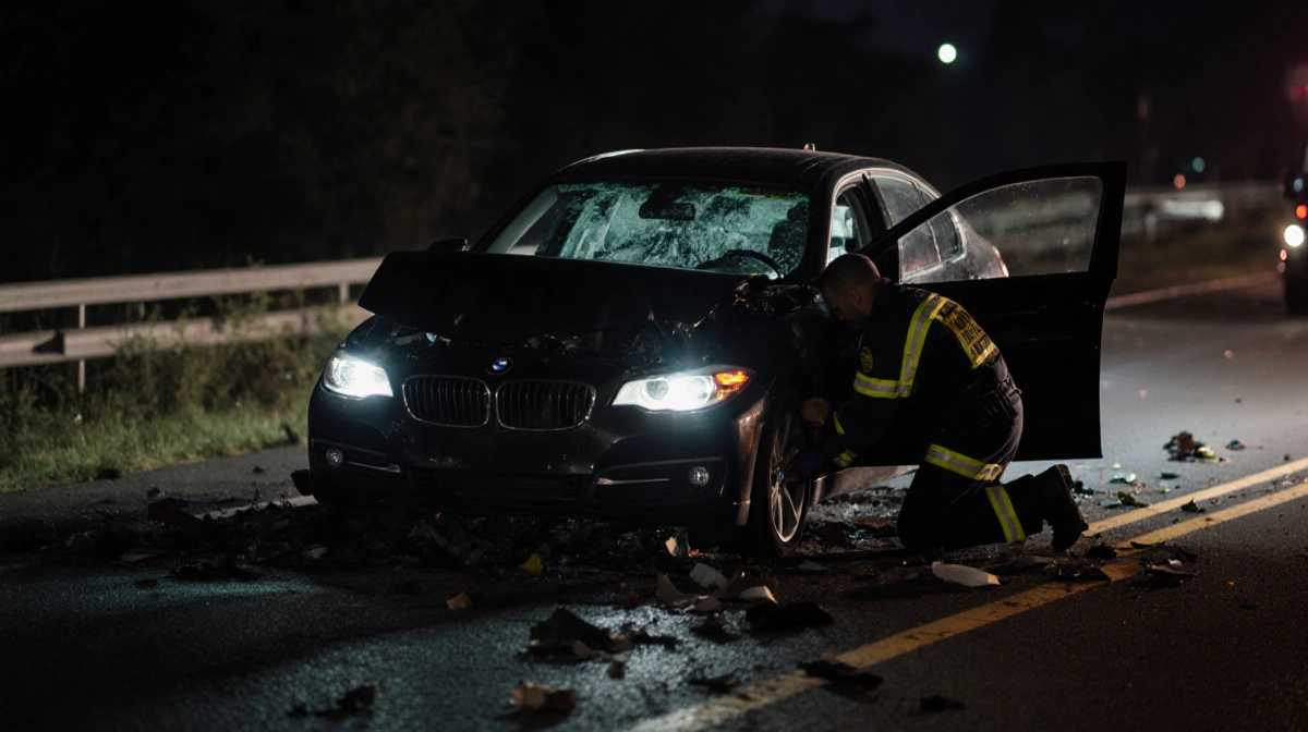 Paramedic kneels beside BMW with front-end damage checking injured passenger with debris scattered on dark road