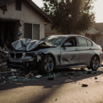 Person kneeling beside wrecked BMW with twisted metal and shattered glass in suburban street.