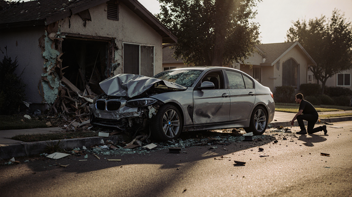 Person kneeling beside wrecked BMW with twisted metal and shattered glass in suburban street.