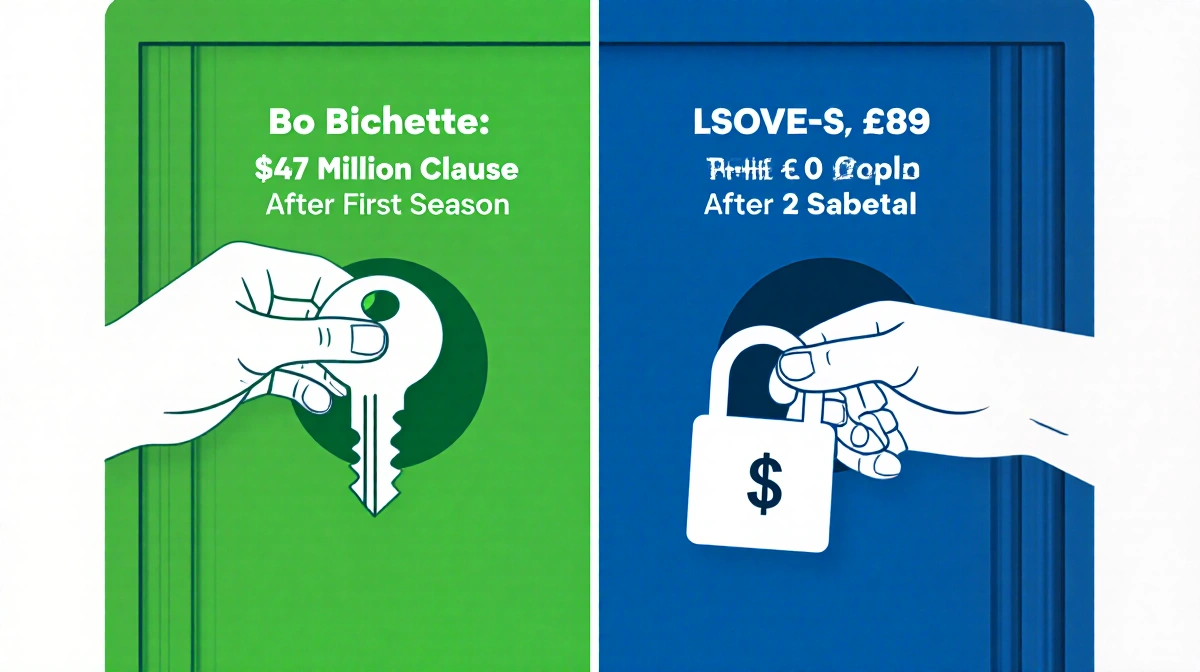 Split-screen illustration showing two doors with keys and dollar signs representing Bichette's contract opt-out clauses worth