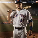 Bo Bichette stands at home plate with bat over shoulder and Mets uniform showing determination