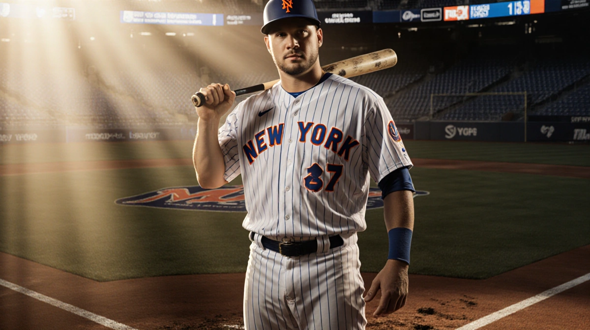 Bo Bichette stands at home plate with bat over shoulder and Mets uniform showing determination