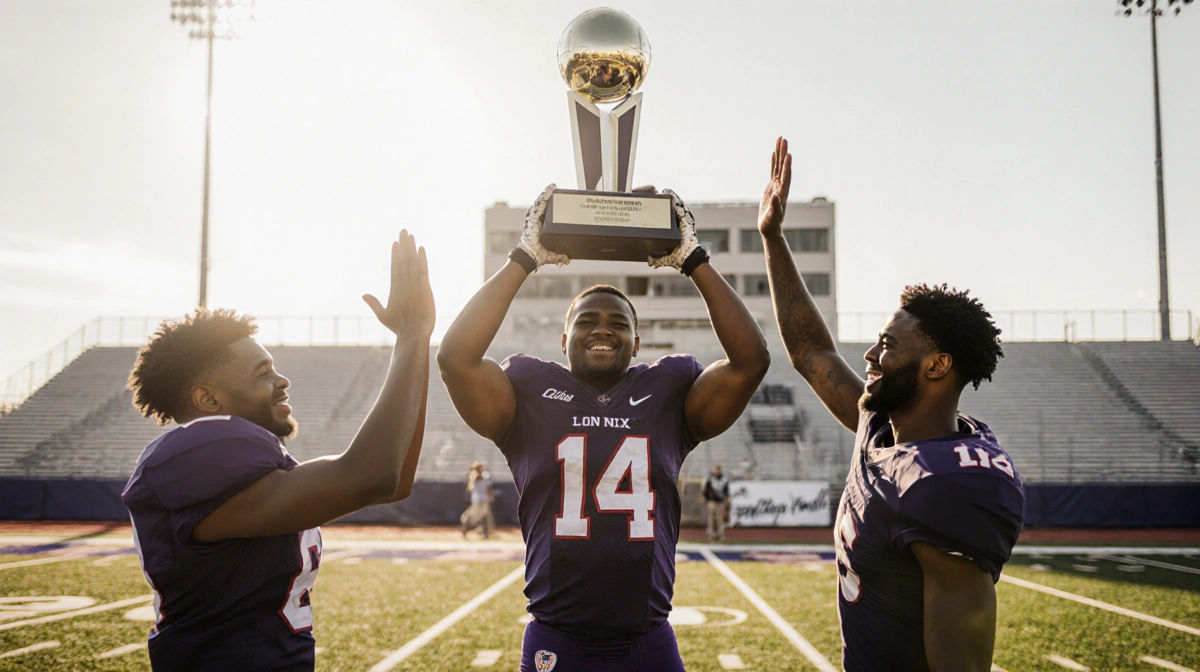 Bo Nix celebrates with trophy alongside brothers doing high-five with blurred stadium lights behind