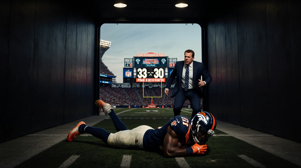 Bo Nix clutching his ankle in pain with Coach Sean Payton rushing over and the Broncos scoreboard showing 33-30 victory