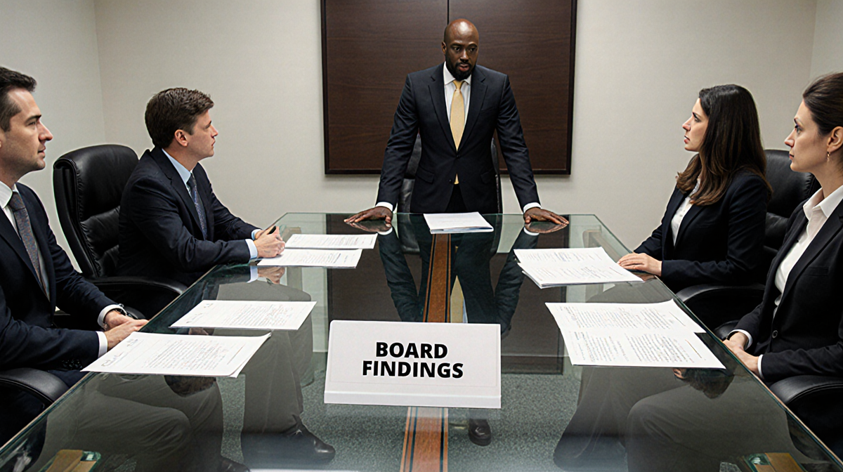 Executive director Django Sibley addresses the board with a glass table and documents showing Board Findings