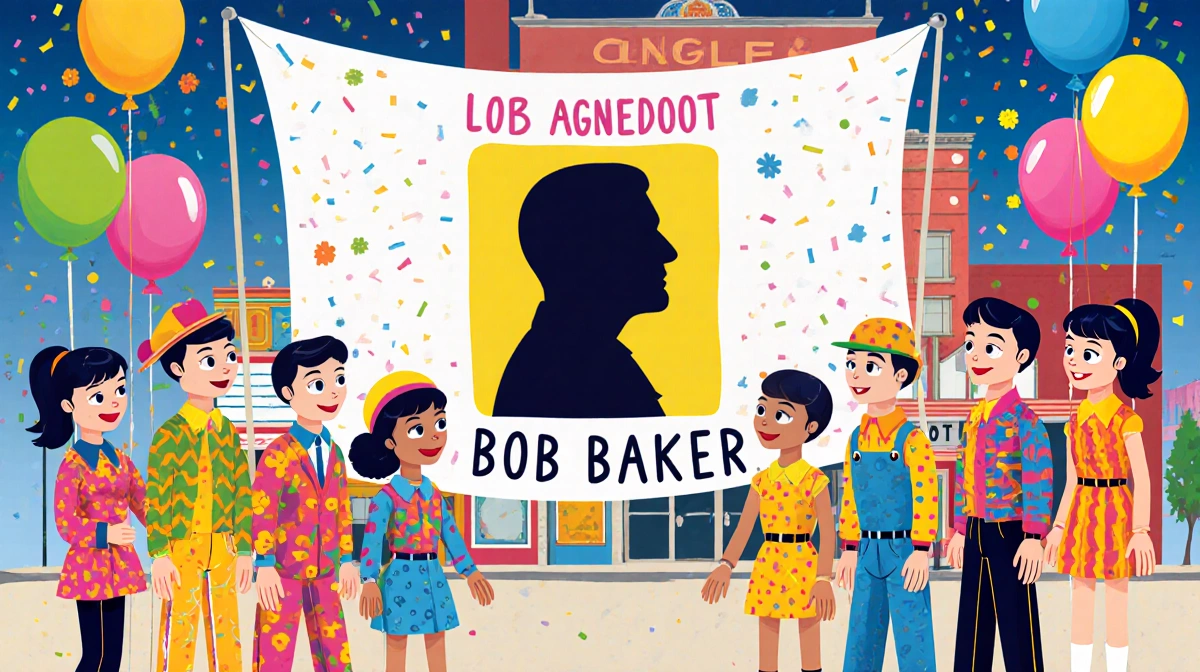 Colorful marionettes gather around Bob Baker banner with 1960s outfits and festive balloons at Echo Park theater