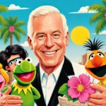 Bob Baker smiling with Muppets and palm trees showing 1960s Los Angeles nostalgia