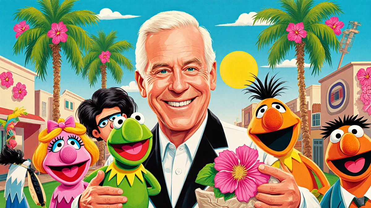 Bob Baker smiling with Muppets and palm trees showing 1960s Los Angeles nostalgia