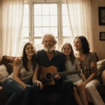 Bob Weir sits with wife Natascha and daughters among vintage guitars and family photos in sunlit living room