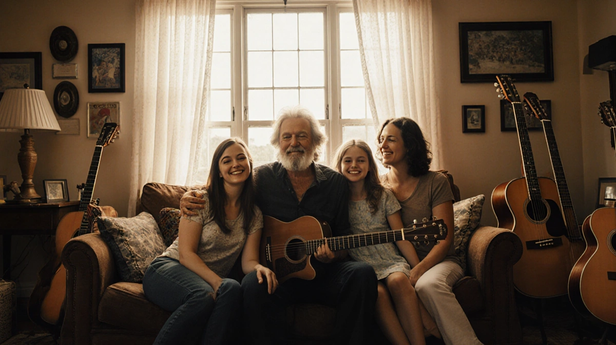 Bob Weir sits with wife Natascha and daughters among vintage guitars and family photos in sunlit living room