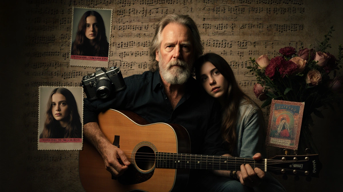 Bob Weir strums guitar with daughters Monet and Chloe smiling in family photos on vintage music sheet background