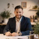 Bobby Berk smiles at camera with lush greenery and design tools on his organized workspace