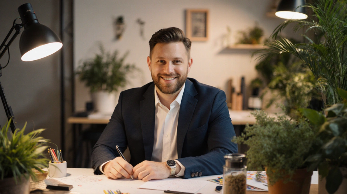 Bobby Berk smiles at camera with lush greenery and design tools on his organized workspace