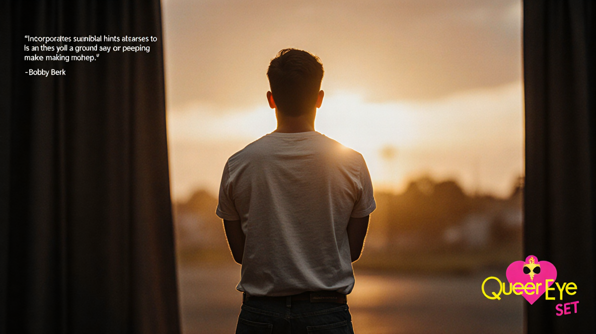 Bobby Berk standing contemplatively with arms crossed and a subtle Queer Eye logo nearby in front of a golden sunset