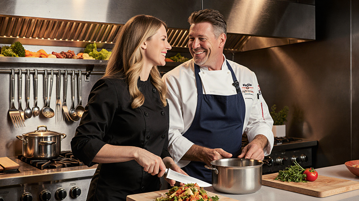 Bobby Flay and Brooke Williamson cook together in a kitchen with Brooke holding a chef's knife and Bobby cradling a saucepan.