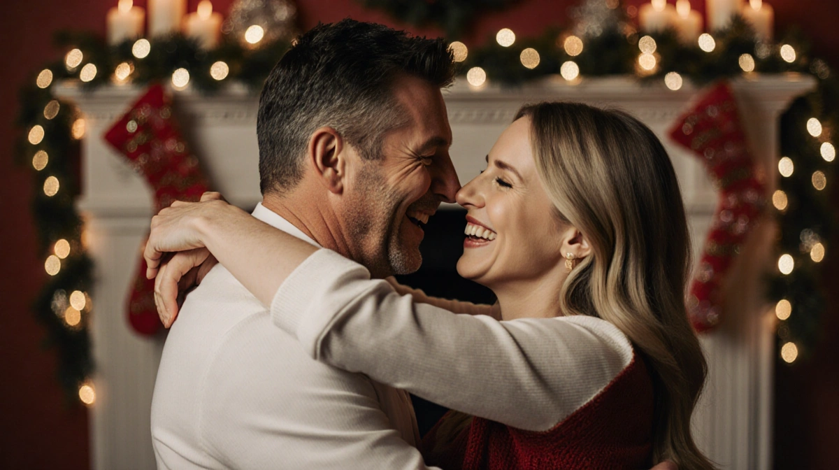 Bobby Flay and Brooke Williamson sharing a laugh with arms wrapped around each other in front of festive Christmas lights