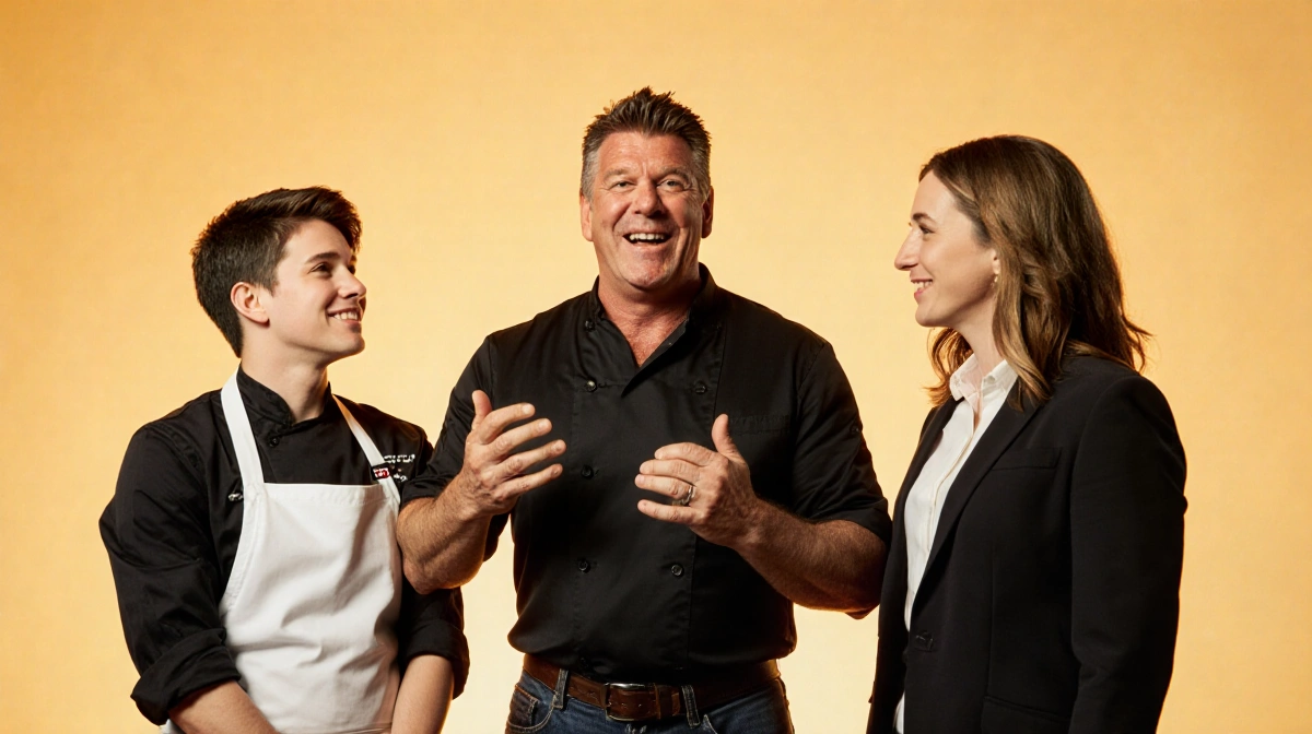 Bobby Flay talking with young chef and food critic while gesturing with kitchen utensils showing dream hosts