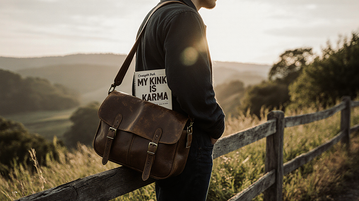 Bobby Berk standing on a wooden fence with a worn leather satchel and a book peeking from its zipper under golden light