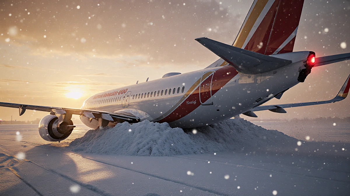 Boeing 737 landing gear sinking into snowbank at Rochester airport with sunset lighting and snow falling