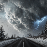 Storm cloud swirling over coastal road with snow‑covered trees and flashes of lightning.