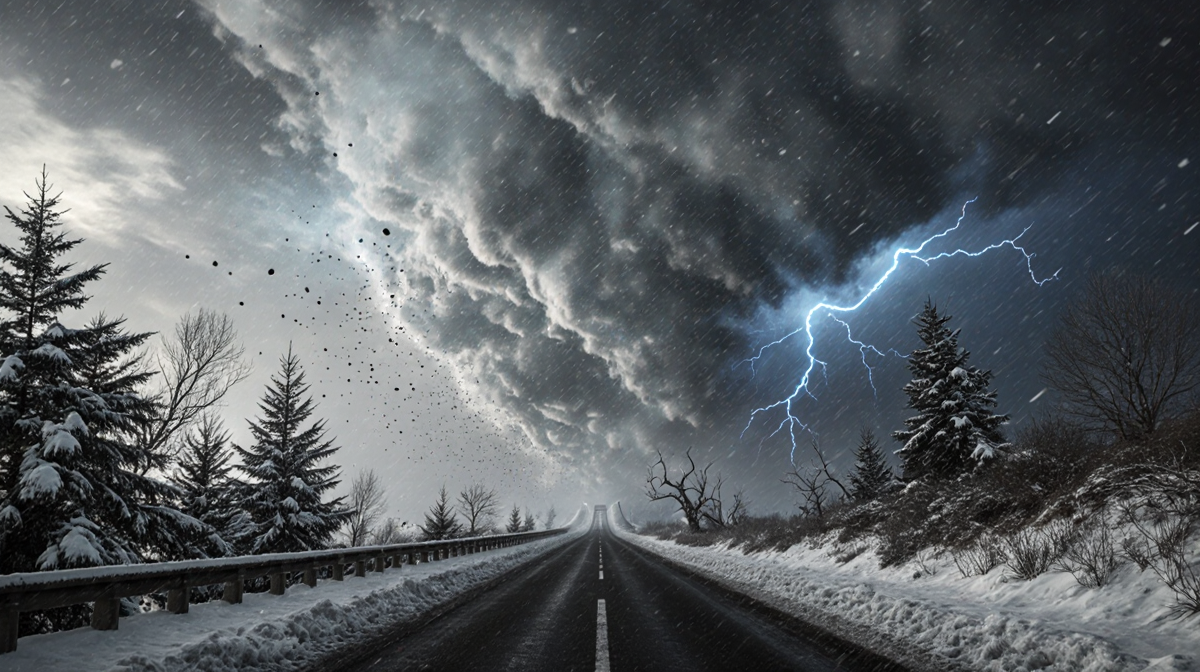 Storm cloud swirling over coastal road with snow‑covered trees and flashes of lightning.