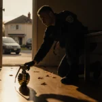 Bomb squad technician carefully collecting grenade with golden light from door and laptop glow on wall