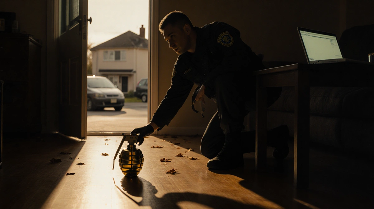 Bomb squad technician carefully collecting grenade with golden light from door and laptop glow on wall