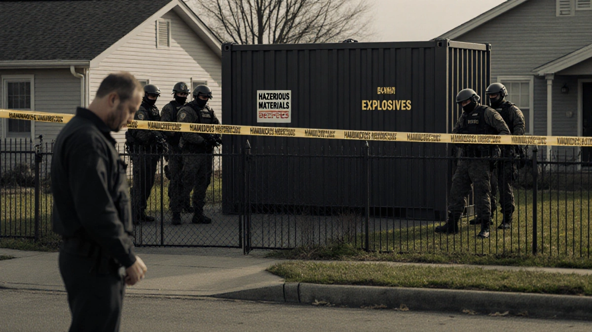 Bomb squad team securing hazardous materials container with warning tape and nervous homeowner nearby