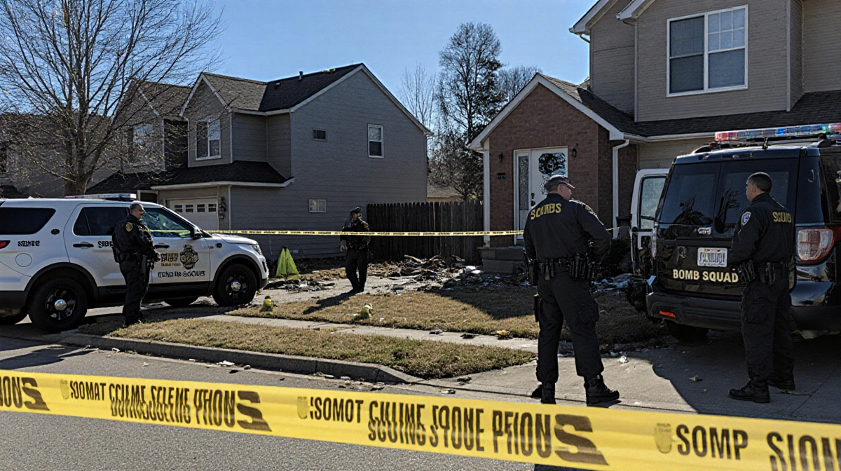 Bomb squad technicians in hazmat suits investigate driveway with police vehicles and crime scene tape
