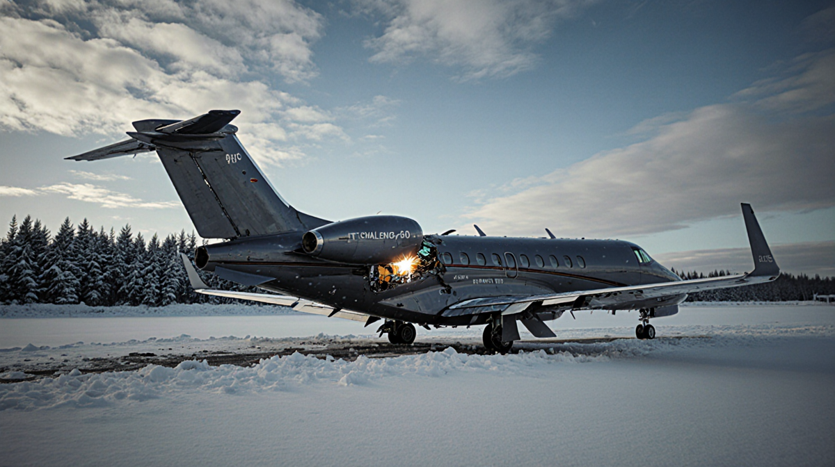 Damaged Bombardier Challenger 650 plane sitting on crash site runway with wings torn and snowy Bangor Airport in background
